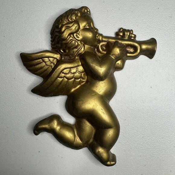 Vintage 2 Cherub Angel Christmas Wall Decoration Gold MCM Hollywood Regency - Picture 2 of 12